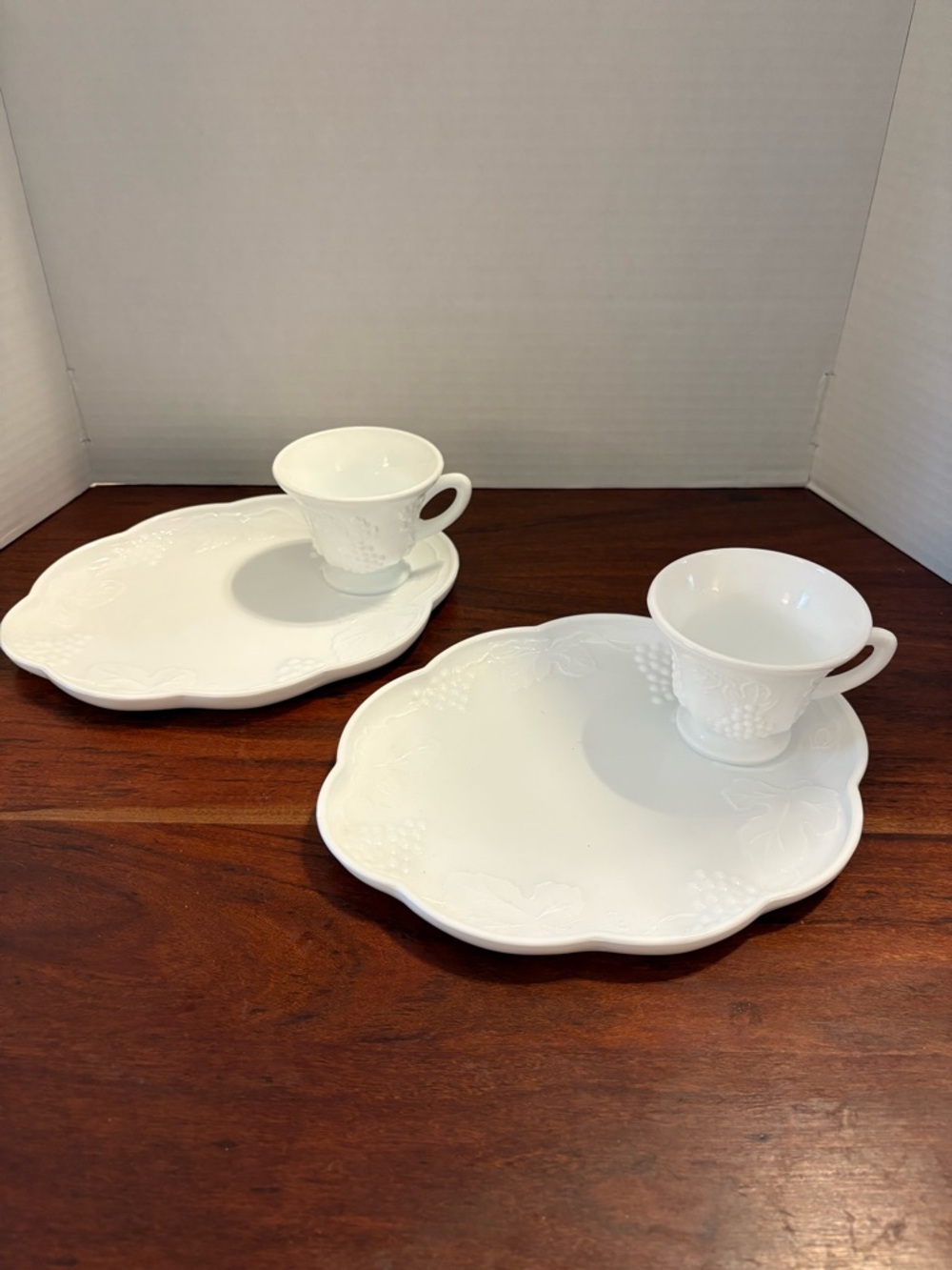 Vintage Indiana Milk Glass Tea Cup & Snack Plates Colony Harvest Grape Set of 2